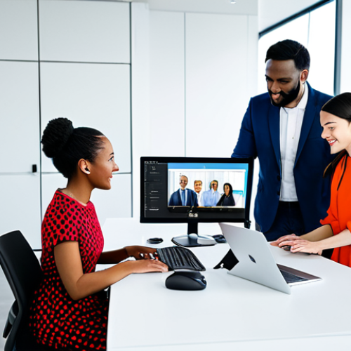 **Image:** A collaborative workspace scene.

    **Prompt:** "A diverse team of professionals collaborating in a modern, bright office, using AI-powered translation tools on their devices, fully clothed, appropriate attire, safe for work, perfect anatomy, natural proportions, professional setting, modest dress, family-friendly."