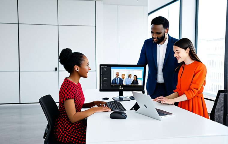 **Image:** A collaborative workspace scene.
**Prompt:** "A diverse team of professionals collaborating in a modern, bright office, using AI-powered translation tools on their devices, fully clothed, appropriate attire, safe for work, perfect anatomy, natural proportions, professional setting, modest dress, family-friendly."