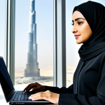 **Prompt:** A professional Arab businesswoman in a modest, tailored black abaya and hijab, working on a laptop in a bright, modern office in Dubai, UAE. Burj Khalifa visible through the window. Fully clothed, appropriate attire, safe for work, perfect anatomy, correct proportions, professional, high quality.