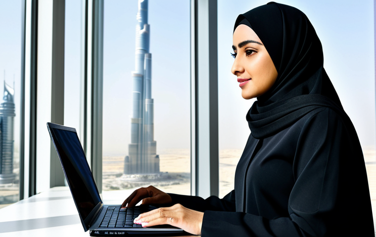 **Prompt:** A professional Arab businesswoman in a modest, tailored black abaya and hijab, working on a laptop in a bright, modern office in Dubai, UAE. Burj Khalifa visible through the window. Fully clothed, appropriate attire, safe for work, perfect anatomy, correct proportions, professional, high quality.