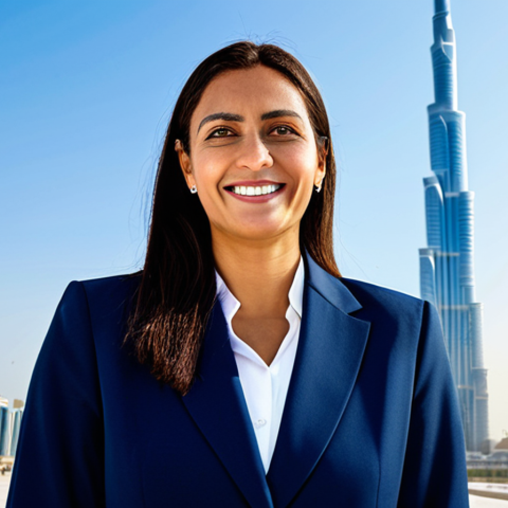 **
A professional businesswoman in a modest, dark-blue business suit, standing confidently in front of the Burj Khalifa in Dubai. She is fully clothed and smiling slightly. The background includes a clear blue sky and modern architecture. Safe for work, appropriate content, perfect anatomy, natural proportions, professional photography, high quality, family-friendly.
**