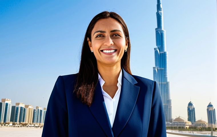**

A professional businesswoman in a modest, dark-blue business suit, standing confidently in front of the Burj Khalifa in Dubai. She is fully clothed and smiling slightly. The background includes a clear blue sky and modern architecture. Safe for work, appropriate content, perfect anatomy, natural proportions, professional photography, high quality, family-friendly.

**