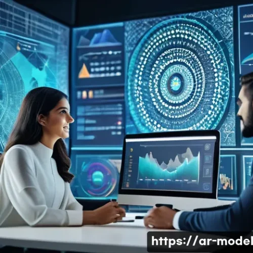 인간 AI 협력의 장점 - A modern Arabic office scene showcasing a diverse team collaborating with AI-powered tools on large ...