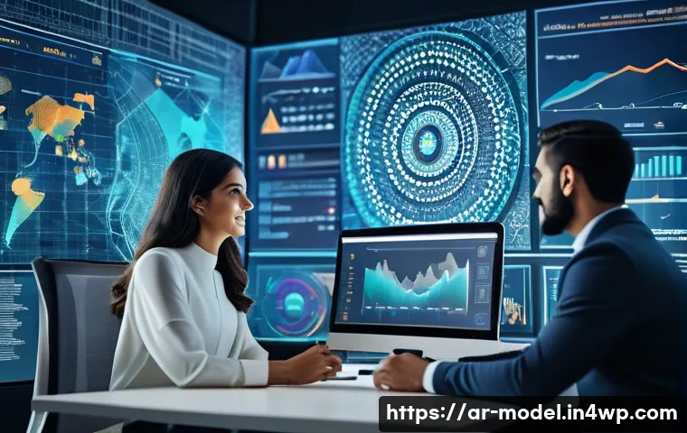 인간 AI 협력의 장점 - A modern Arabic office scene showcasing a diverse team collaborating with AI-powered tools on large ...
