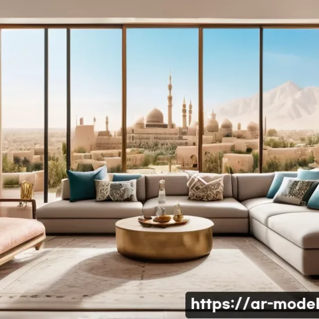 인간 AI 협력의 장기적 비전 - A modern Middle Eastern family in a stylish living room using smart home devices and voice assistant...