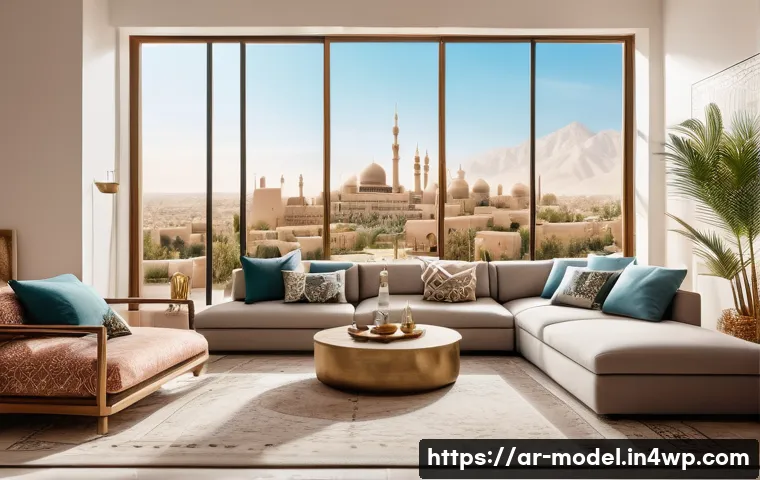 인간 AI 협력의 장기적 비전 - A modern Middle Eastern family in a stylish living room using smart home devices and voice assistant...