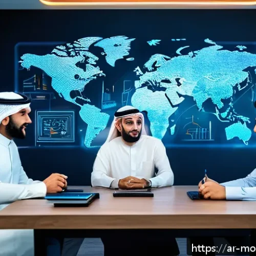 인간 AI 협력의 직업적 변화 예측 - A modern Middle Eastern office scene showing diverse professionals engaged in AI-driven data analysi...