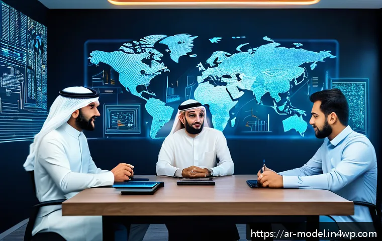 인간 AI 협력의 직업적 변화 예측 - A modern Middle Eastern office scene showing diverse professionals engaged in AI-driven data analysi...