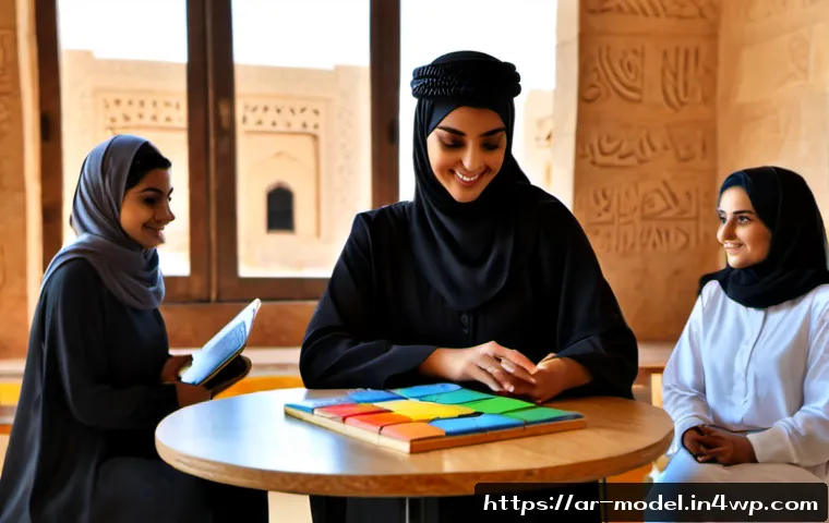 인간 AI 협력의 교육적 가치를 탐구 - Photorealistic contemporary classroom in a Gulf Arab city, diverse Arab university students in modes...