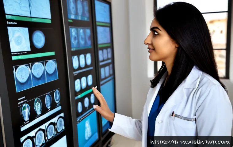 인간 AI 협력이 필요한 산업군 - Photorealistic smart hospital control room in a modern Middle Eastern city, an Arab female doctor in...