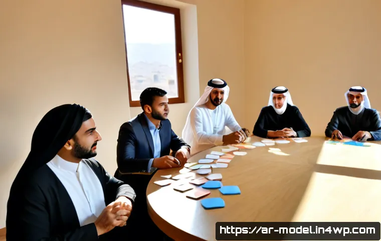 인간 AI 협력 학습 모델 설계 가이드 - Photorealistic modern learning design workshop in a sunlit Gulf-region university studio, Arab educa...